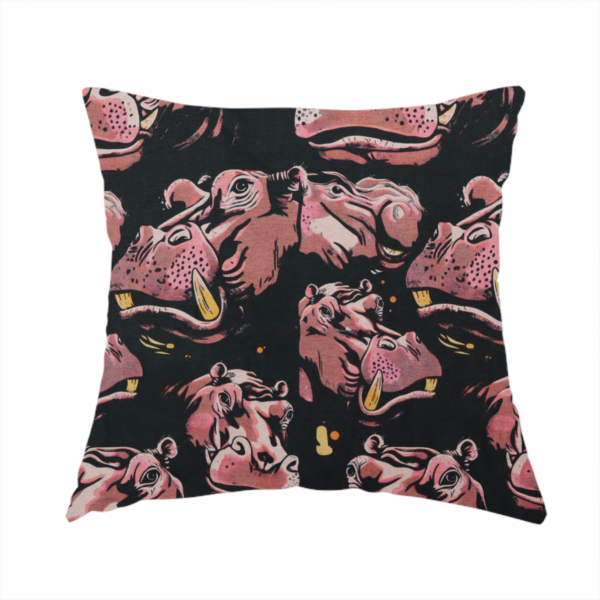 The fabric used to create this handmade cushion is a dark grey fabric patterned with hand-drawn illustrations of hippos featuring an organic style.