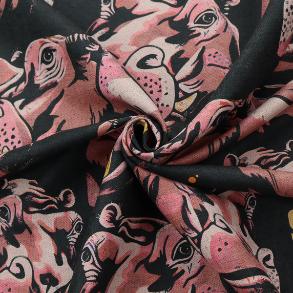 A dark grey fabric patterned with hand-drawn illustrations of hippos featuring an organic style.