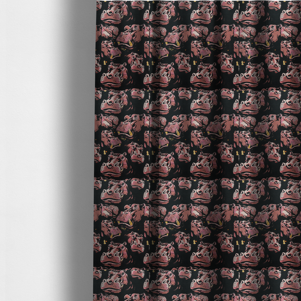 The fabric used to create these made-to-measure curtains is a dark grey fabric patterned with hand-drawn illustrations of hippos featuring an organic style.