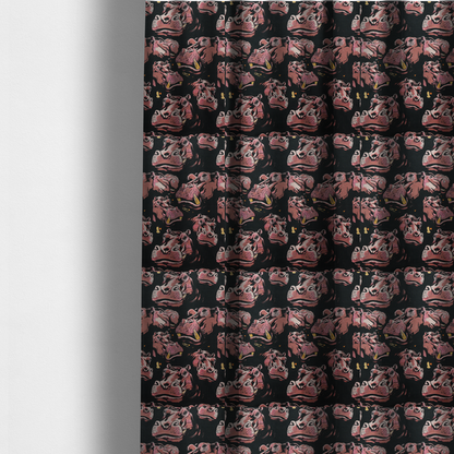 The fabric used to create these made-to-measure curtains is a dark grey fabric patterned with hand-drawn illustrations of hippos featuring an organic style.