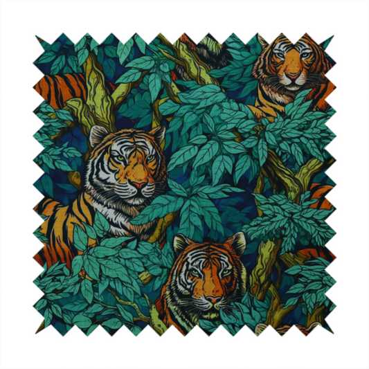A dark blue fabric patterned with hand-drawn jungle illustrations of tigers nestled among dense green leaves featuring an organic style.