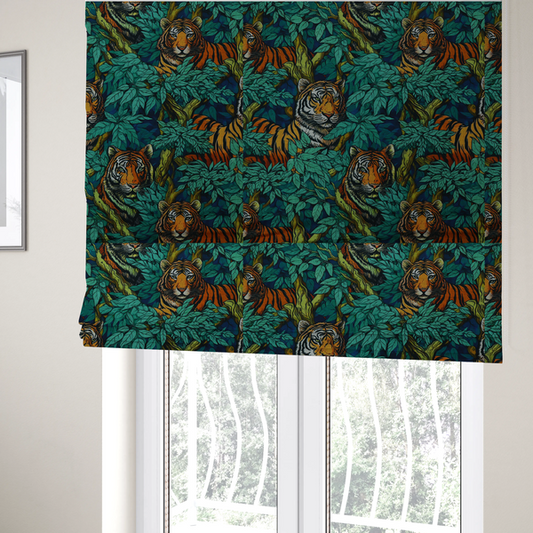 The fabric used to create these Roman blinds is a dark blue fabric patterned with hand-drawn jungle illustrations of tigers nestled among dense green leaves featuring an organic style.