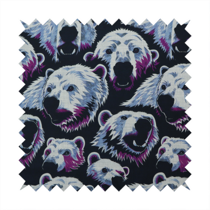 A dark blue fabric patterned with hand-drawn illustrations of polar bears featuring an organic style. 