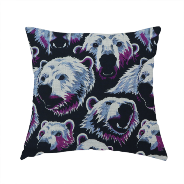 The fabric used to create this handmade cushion is a dark blue fabric patterned with hand-drawn illustrations of polar bears featuring an organic style. 