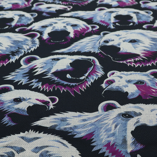 A dark blue fabric patterned with hand-drawn illustrations of polar bears featuring an organic style. 