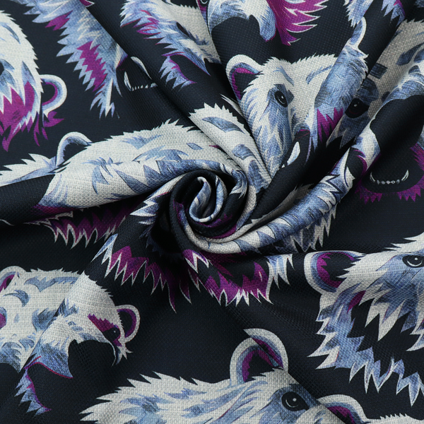 A dark blue fabric patterned with hand-drawn illustrations of polar bears featuring an organic style. 