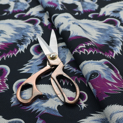 A dark blue fabric patterned with hand-drawn illustrations of polar bears featuring an organic style. 