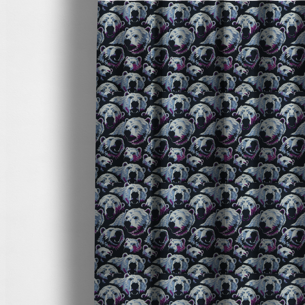 The fabric used to create these made-to-measure curtains is a dark blue fabric patterned with hand-drawn illustrations of polar bears featuring an organic style. 
