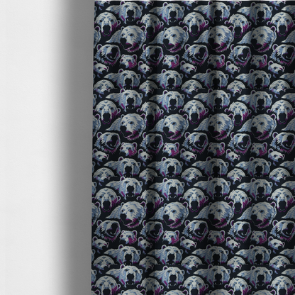The fabric used to create these made-to-measure curtains is a dark blue fabric patterned with hand-drawn illustrations of polar bears featuring an organic style. 