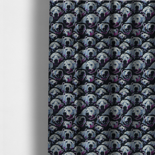 The fabric used to create these made-to-measure curtains is a dark blue fabric patterned with hand-drawn illustrations of polar bears featuring an organic style. 