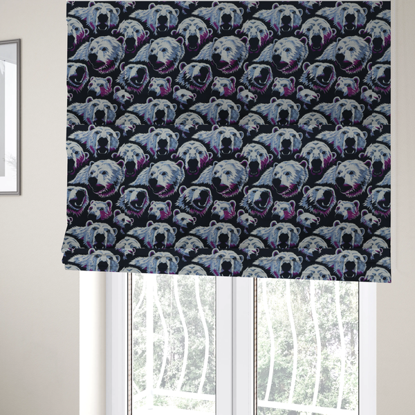 The fabric used to create these Roman blinds is a dark blue fabric patterned with hand-drawn illustrations of polar bears featuring an organic style. 