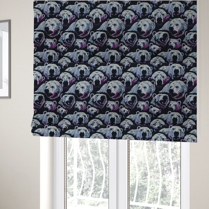 The fabric used to create these Roman blinds is a dark blue fabric patterned with hand-drawn illustrations of polar bears featuring an organic style. 