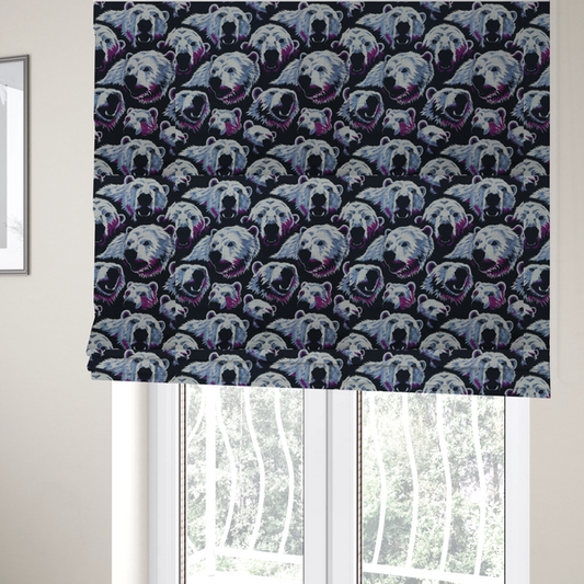 The fabric used to create these Roman blinds is a dark blue fabric patterned with hand-drawn illustrations of polar bears featuring an organic style. 