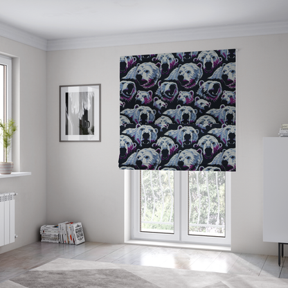 The fabric used to create these Roman blinds is a dark blue fabric patterned with hand-drawn illustrations of polar bears featuring an organic style. 