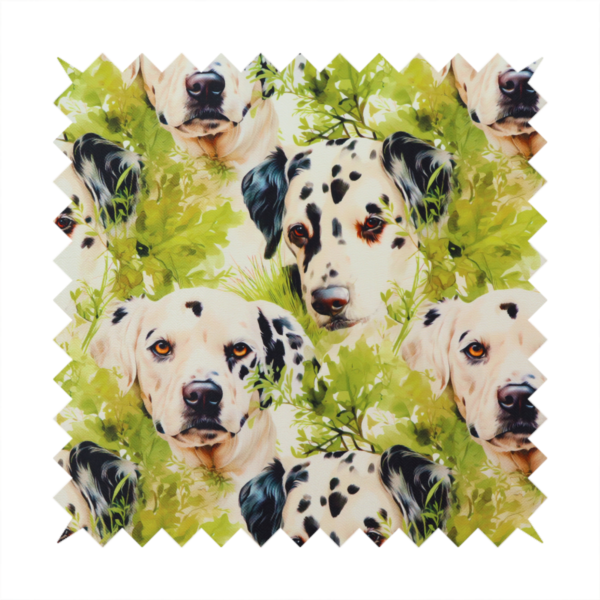 A green and white fabric patterned with hand-drawn illustrations of Dalmatians nestled among lush foliage featuring an organic style.