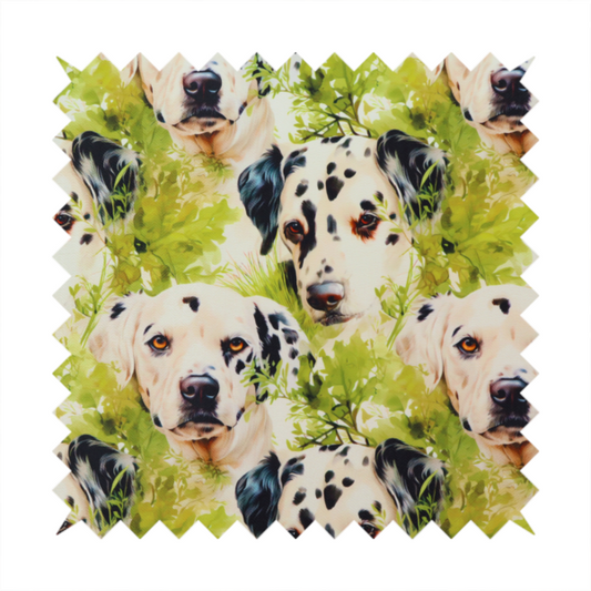 A green and white fabric patterned with hand-drawn illustrations of Dalmatians nestled among lush foliage featuring an organic style.