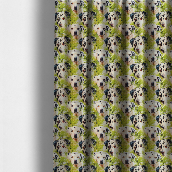 The fabric used to create these made-to-measure curtains is a green and white fabric patterned with hand-drawn illustrations of Dalmatians nestled among lush foliage featuring an organic style.
