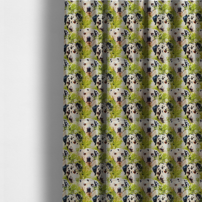 The fabric used to create these made-to-measure curtains is a green and white fabric patterned with hand-drawn illustrations of Dalmatians nestled among lush foliage featuring an organic style.