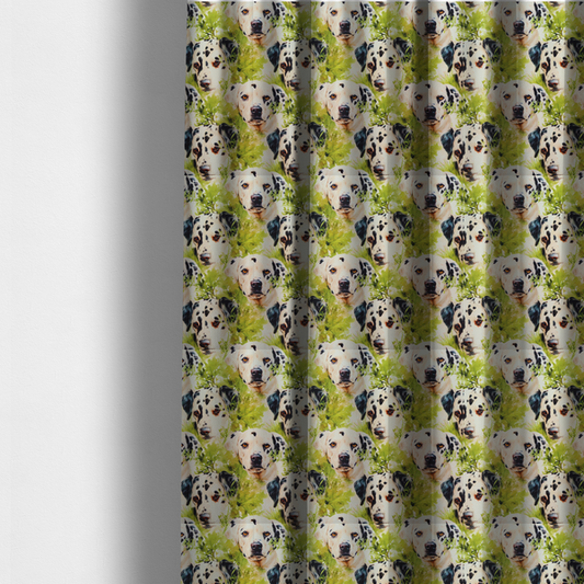 The fabric used to create these made-to-measure curtains is a green and white fabric patterned with hand-drawn illustrations of Dalmatians nestled among lush foliage featuring an organic style.