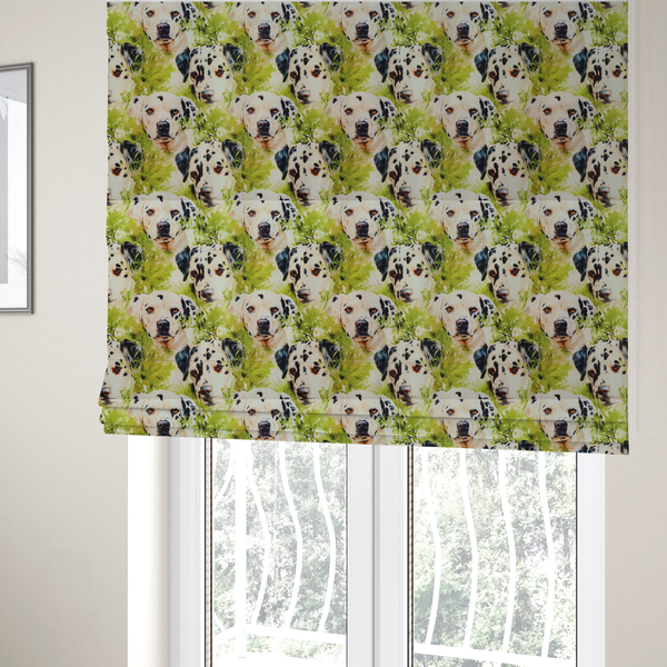 The fabric used to create these Roman blinds is a green and white fabric patterned with hand-drawn illustrations of Dalmatians nestled among lush foliage featuring an organic style.