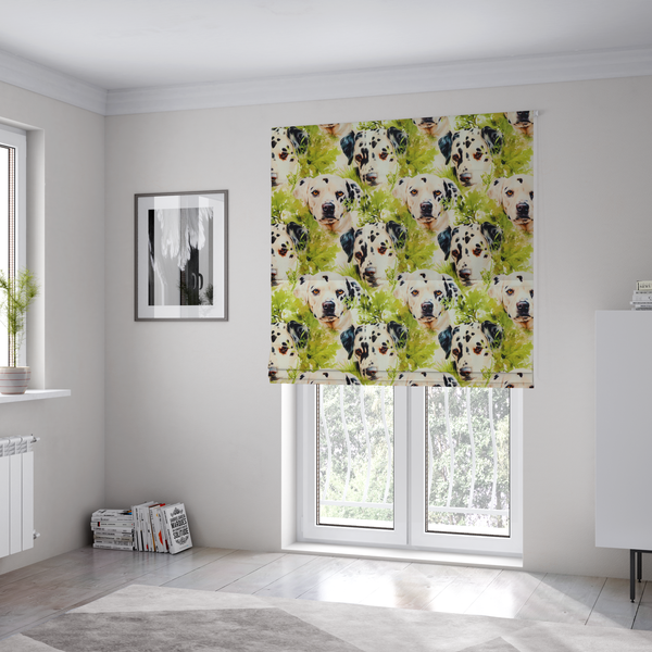 The fabric used to create these Roman blinds is a green and white fabric patterned with hand-drawn illustrations of Dalmatians nestled among lush foliage featuring an organic style.