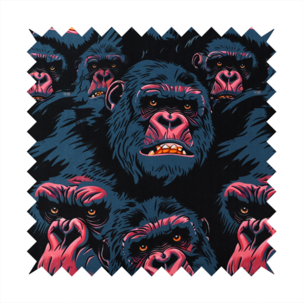 A dark blue fabric patterned with hand-drawn illustrations of gorillas featuring an organic style.   