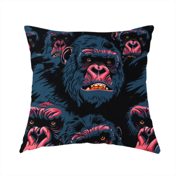 The fabric used to create this handmade cushion is a dark blue fabric patterned with hand-drawn illustrations of gorillas featuring an organic style.   