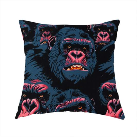 The fabric used to create this handmade cushion is a dark blue fabric patterned with hand-drawn illustrations of gorillas featuring an organic style.   