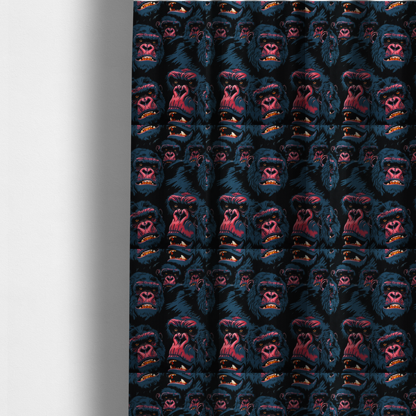 The fabric used to create these made-to-measure curtains is a dark blue fabric patterned with hand-drawn illustrations of gorillas featuring an organic style.   