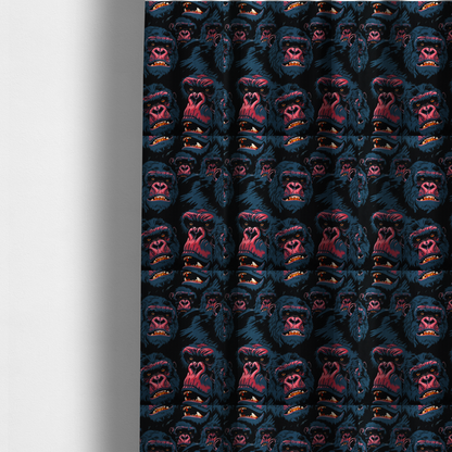 The fabric used to create these made-to-measure curtains is a dark blue fabric patterned with hand-drawn illustrations of gorillas featuring an organic style.   
