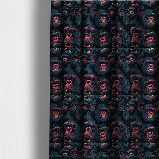The fabric used to create these made-to-measure curtains is a dark blue fabric patterned with hand-drawn illustrations of gorillas featuring an organic style.   