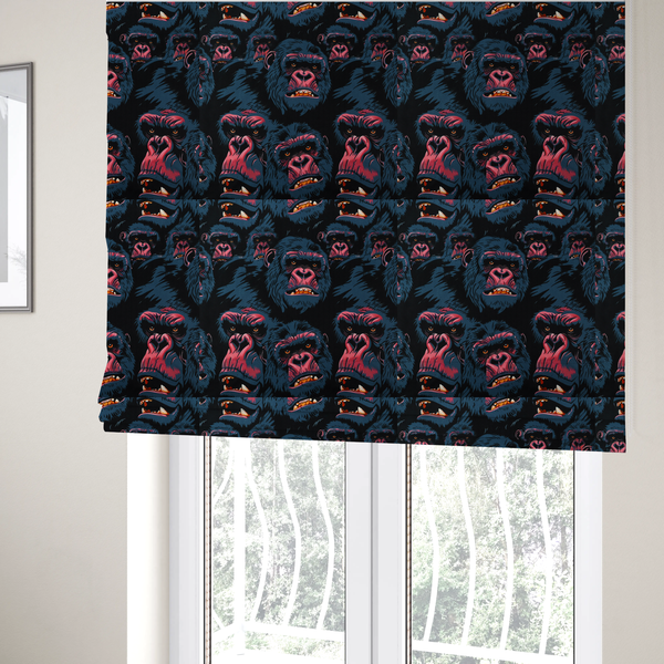 The fabric used to create these Roman blinds is a dark blue fabric patterned with hand-drawn illustrations of gorillas featuring an organic style.   