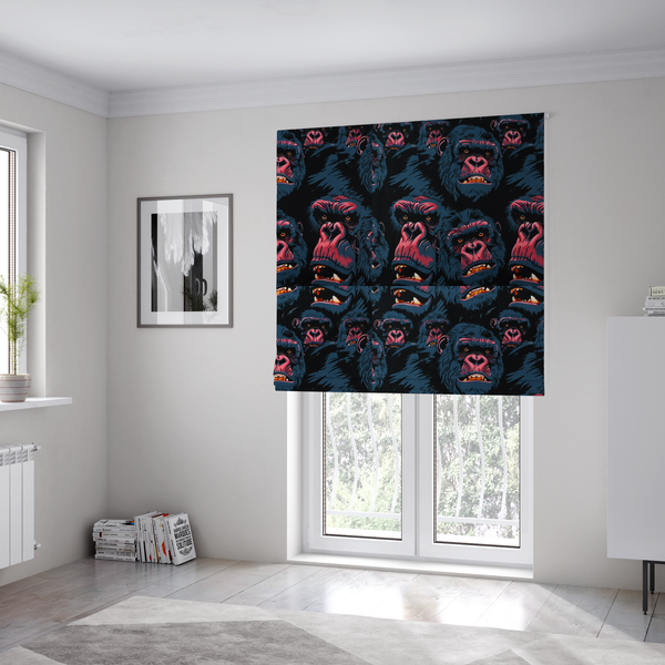 The fabric used to create these Roman blinds is a dark blue fabric patterned with hand-drawn illustrations of gorillas featuring an organic style.   