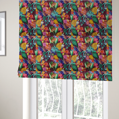 The fabric used to create these Roman blinds is a burgundy fabric patterned with hand-drawn jungle illustrations of toucans, tarsiers, colourful birds, and tropical foliage featuring an organic style.   
