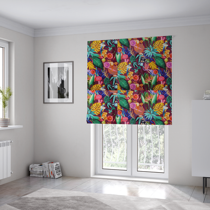 The fabric used to create these Roman blinds is a burgundy fabric patterned with hand-drawn jungle illustrations of toucans, tarsiers, colourful birds, and tropical foliage featuring an organic style.   
