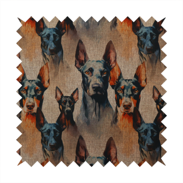 A repeating fabric pattern featuring portraits of Doberman dogs with pointed ears against a textured, burlap-like brown background.