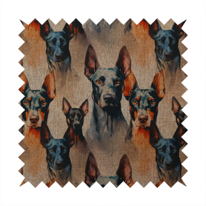 A repeating fabric pattern featuring portraits of Doberman dogs with pointed ears against a textured, burlap-like brown background.