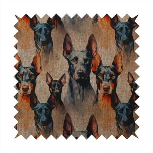 A repeating fabric pattern featuring portraits of Doberman dogs with pointed ears against a textured, burlap-like brown background.