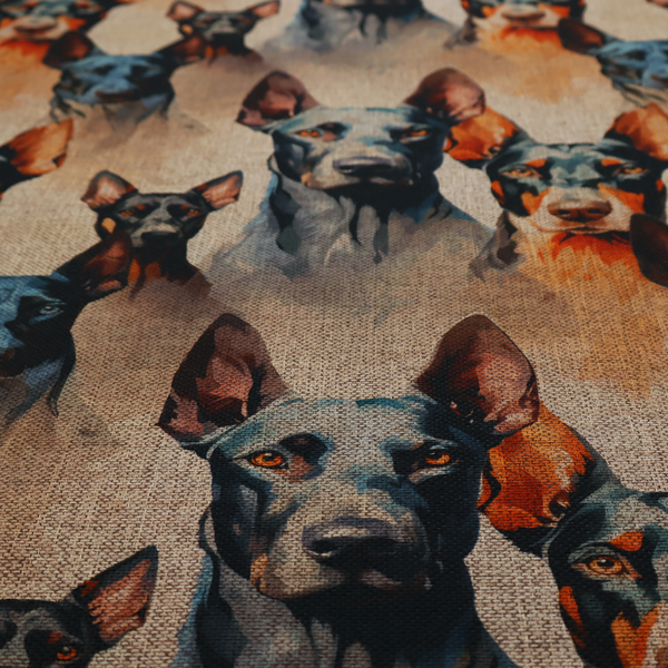 A repeating fabric pattern featuring portraits of Doberman dogs with pointed ears against a textured, burlap-like brown background.
