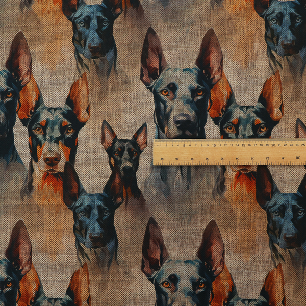 A repeating fabric pattern featuring portraits of Doberman dogs with pointed ears against a textured, burlap-like brown background.