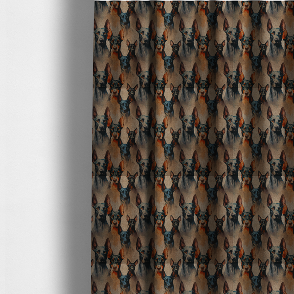 The fabric used to create these made-to-measure curtains is a repeating fabric pattern featuring portraits of Doberman dogs with pointed ears against a textured, burlap-like brown background.