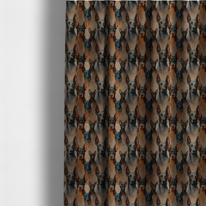 The fabric used to create these made-to-measure curtains is a repeating fabric pattern featuring portraits of Doberman dogs with pointed ears against a textured, burlap-like brown background.