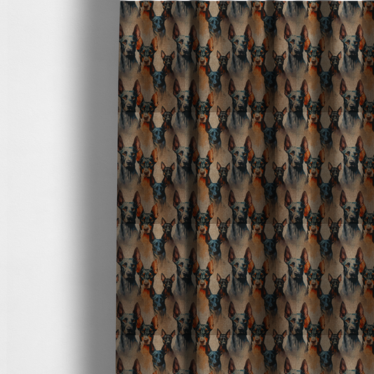 The fabric used to create these made-to-measure curtains is a repeating fabric pattern featuring portraits of Doberman dogs with pointed ears against a textured, burlap-like brown background.