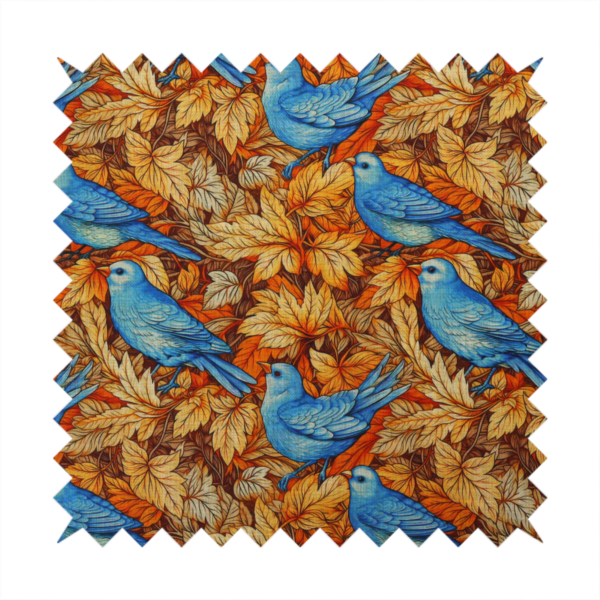 An orange and brown fabric patterned with hand-drawn botanical illustrations of blue birds perched amongst fall leaves featuring an organic style.   

