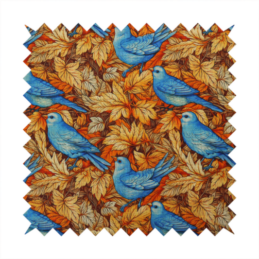 An orange and brown fabric patterned with hand-drawn botanical illustrations of blue birds perched amongst fall leaves featuring an organic style.   
