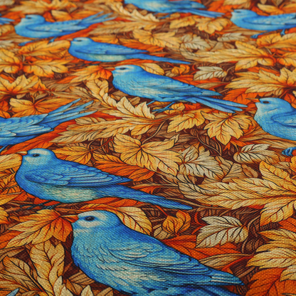 An orange and brown fabric patterned with hand-drawn botanical illustrations of blue birds perched amongst fall leaves featuring an organic style.   
