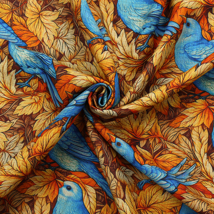 An orange and brown fabric patterned with hand-drawn botanical illustrations of blue birds perched amongst fall leaves featuring an organic style.   
