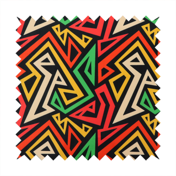 A repeating geometric fabric pattern on a black background featuring interlocking angular lines in red, yellow, green, and beige.