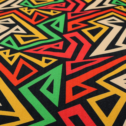 A repeating geometric fabric pattern on a black background featuring interlocking angular lines in red, yellow, green, and beige.