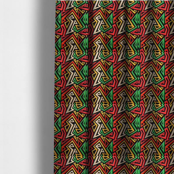 The fabric sued to create these made-to-measure curtains is a repeating geometric fabric pattern on a black background featuring interlocking angular lines in red, yellow, green, and beige.
